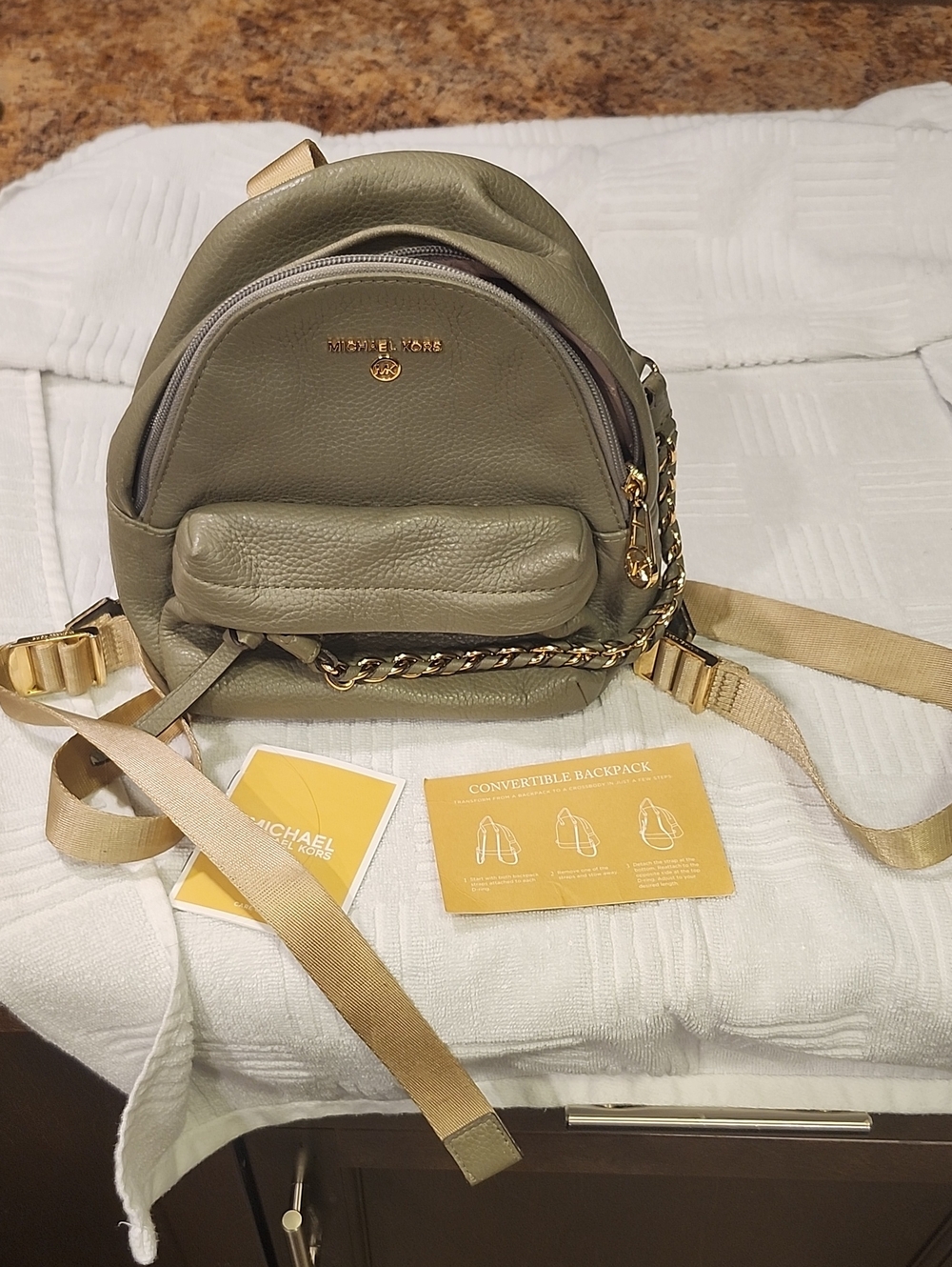 Michael Kors Olive Green Pebbled Leather Mini Backpack with Gold Chain